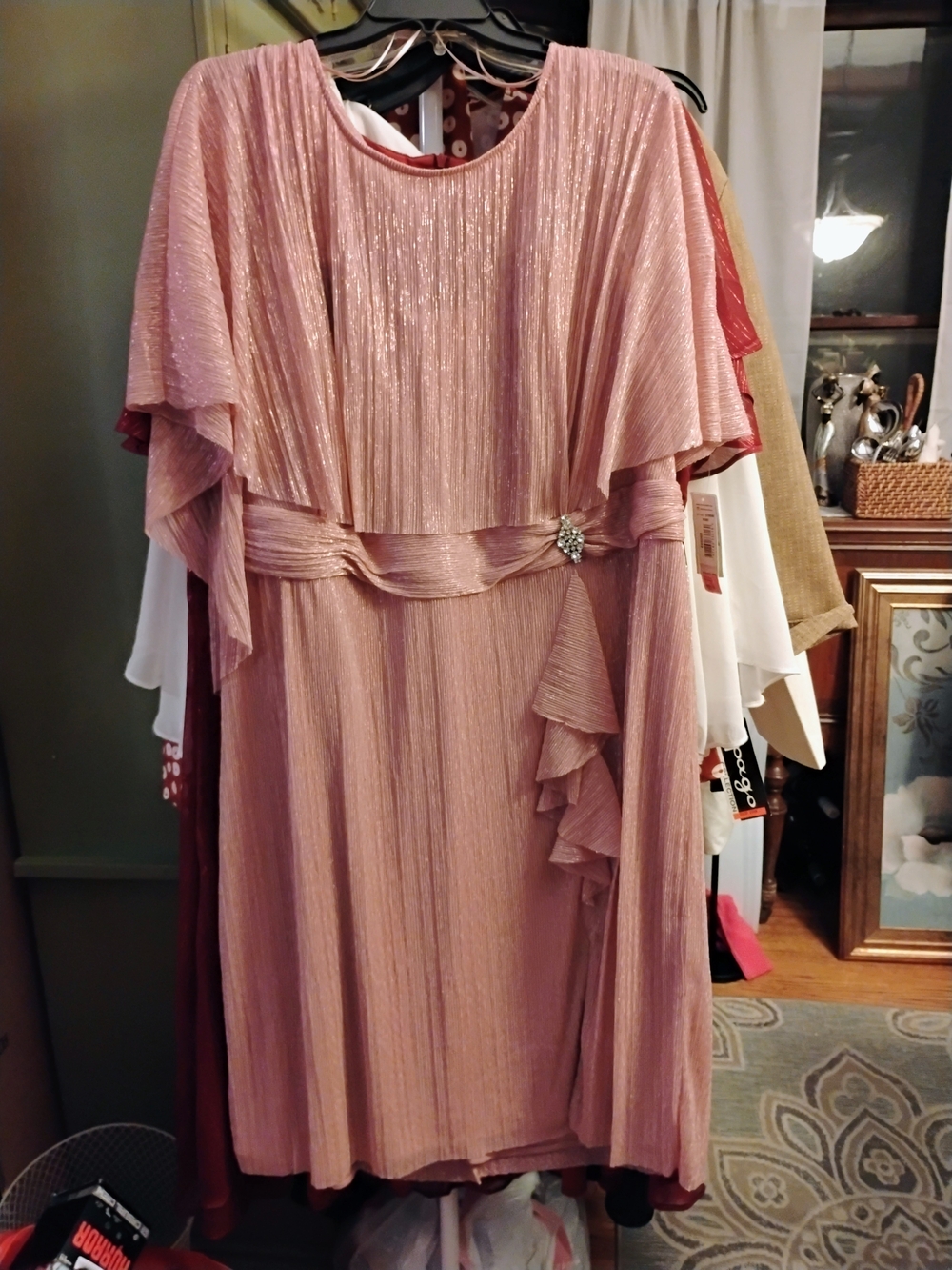 Adrianna Papell Rose Pink Shimmer Midi Dress with Draped Cape and Brooch